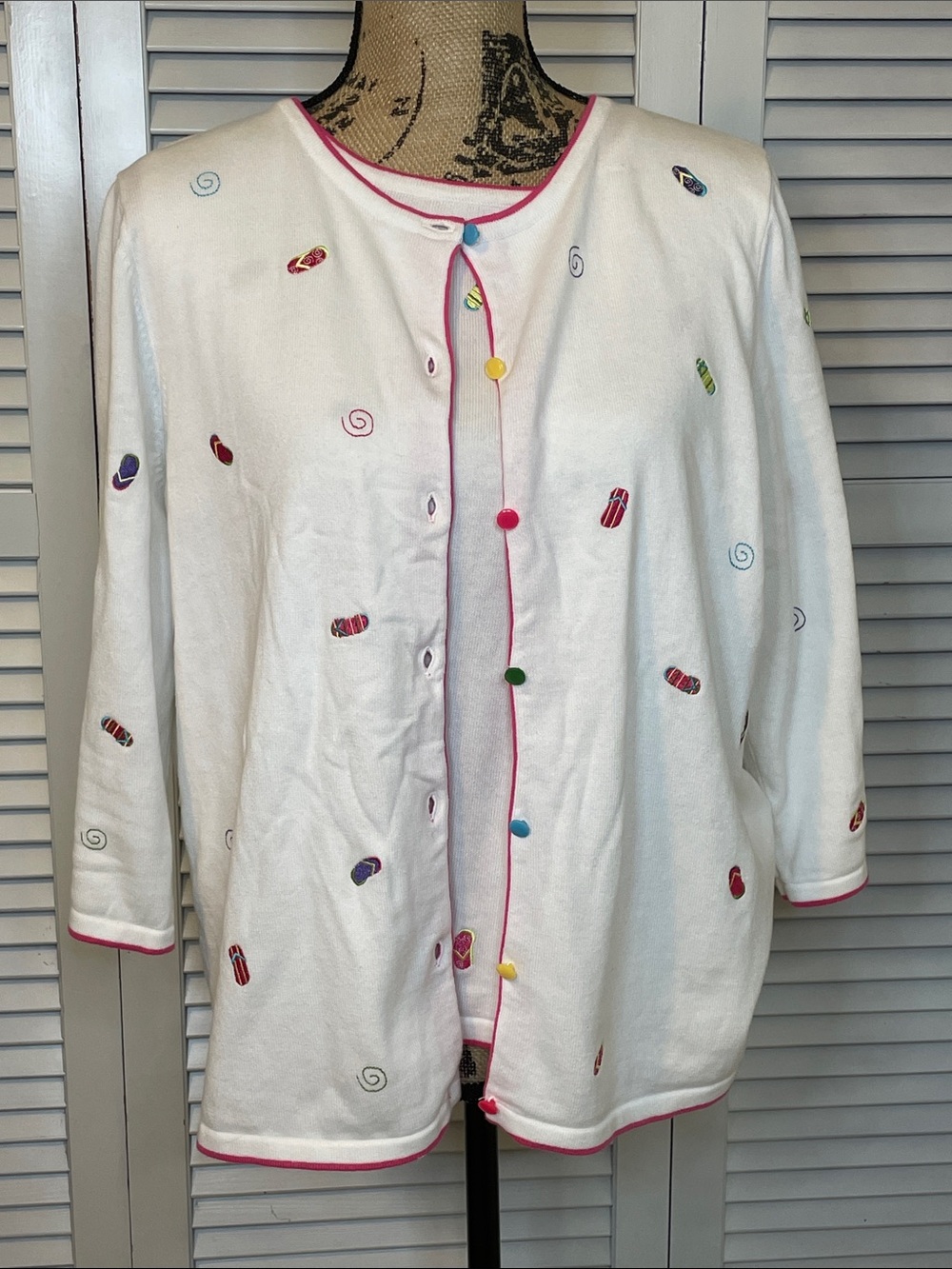 EUC - Christopher & Banks Flip Flop White Sweater Twin set with Pink Trim - SzXL